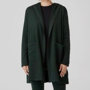 Eileen Fisher Pine Green Cozy Brushed Terry Hug Hooded Jacket